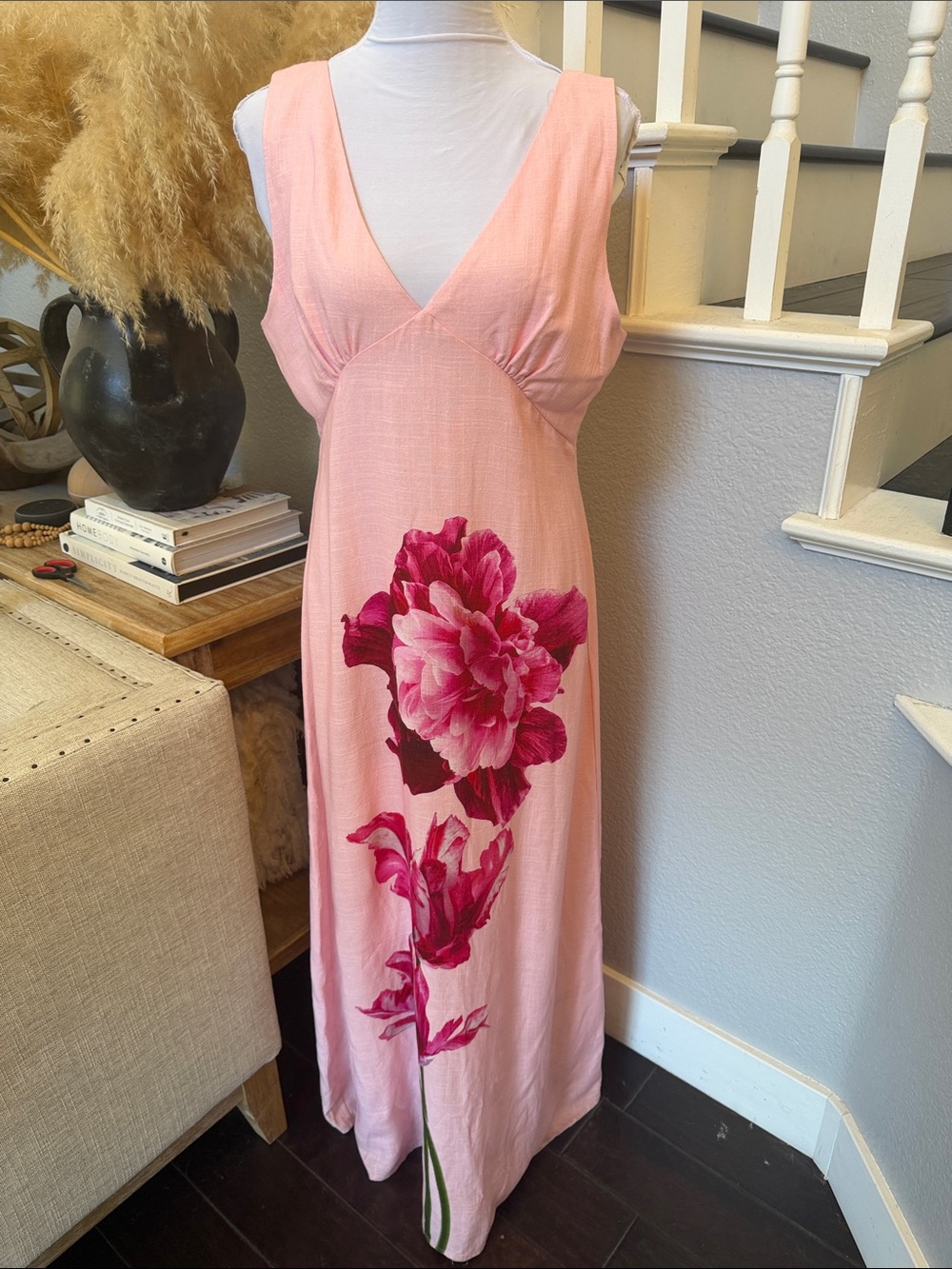 Anthropologie Paper Heart Pink Linen Blend Sleeveless Floral MIDI Dress Large - Picture 2 of 7
